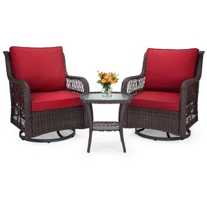 3-Piece Outdoor Wicker Patio Bistro Set w/ 2 360-Degree Swivel Rocking Chairs & Tempered Glass Top Side Table, 360° Swivel Patio Set for Backyard - 1 of 4