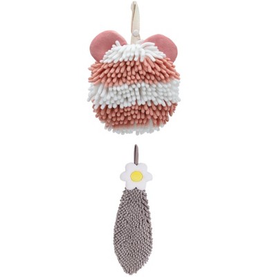 REGALWOVEN Soft Absorbent Cute Fuzzy Hanging Decorative Bathroom Chenille Hand Towel 6" x 15"/7" x 7" 2 Packs