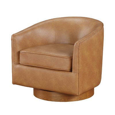 Saddle Brown Faux Leather Wood Swivel Barrel Chair