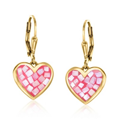 Ross-Simons Moonstone and Pink Resin Inlay Heart Drop Earrings in 18kt Gold Over Sterling