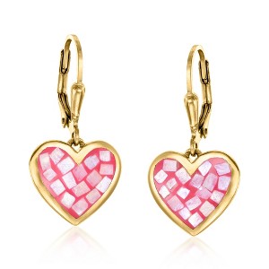 Ross-Simons Moonstone and Pink Resin Inlay Heart Drop Earrings in 18kt Gold Over Sterling - 1 of 4
