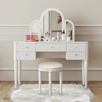 PAGED Vanity Table with Drawers and Lights, Mirror-Front Vanity Desk with Integrated Storage & Bedroom Makeup Set with Stool
