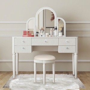 PAGED Vanity Table with Drawers and Lights, Mirror-Front Vanity Desk with Integrated Storage & Bedroom Makeup Set with Stool - 1 of 4
