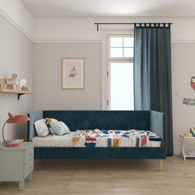 Twin Blue Velvet Upholstered Daybed with Wooden Slats