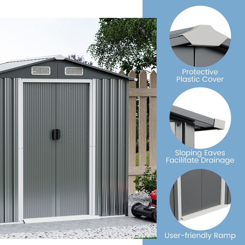 Costway 6 x 4 FT Outdoor Storage Shed Galvanized Steel Shed with Sliding Doors Wood Grain Natural/Grey, 4 of 11