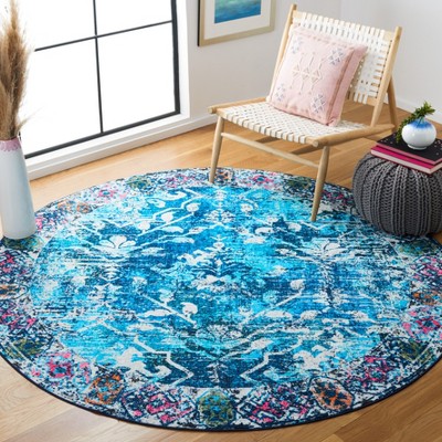 Navy and Light Blue Round Synthetic Washable Area Rug