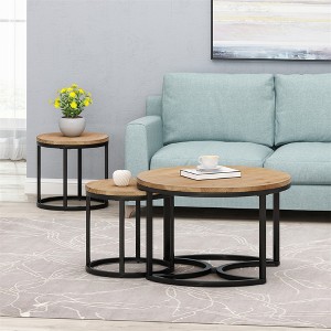 Coffee Table Set Of 3 With Metal Frame, Round Coffee Table & 2pcs Round End Table For Small Space Living Room Apartment - 1 of 4