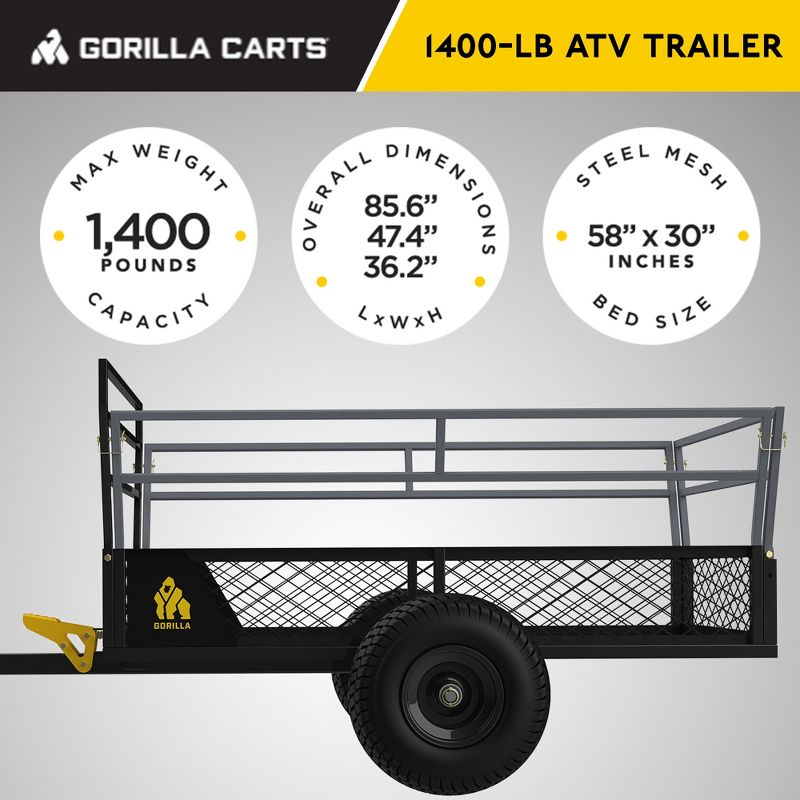 Gorilla Rugged Outdoor ATV Trailer Utility Garden Cart with 1400 Pound Capacity, Removable Sides, and 3 in 1 Tailgate for Hauling Large Loads, Black, 3 of 7