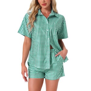 INSPIRE CHIC Women's Plaid Pattern Short Sleeve Button-Down Shirt and Shorts with Pockets 2 Pcs Pajamas Sets - 1 of 4