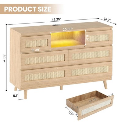 Natural Wood and Rattan Dresser with LED Light and Charging Station