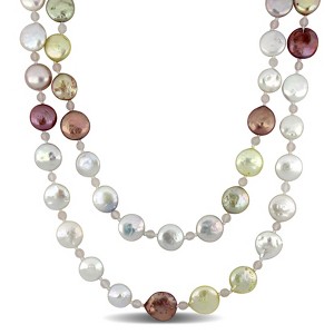 EVERLY JEWELRY | 11-12.5mm White and 12-14mm Multi-color Coin Pearl and 4.25mm Rose Quartz Beads Endless Strand Necklace, 54 inc - 1 of 4