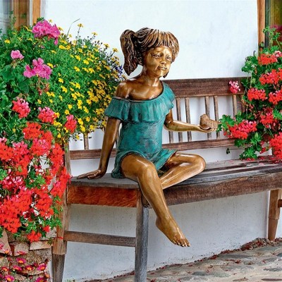 Bridgette Bronze Little Girl Garden Statue with Bird
