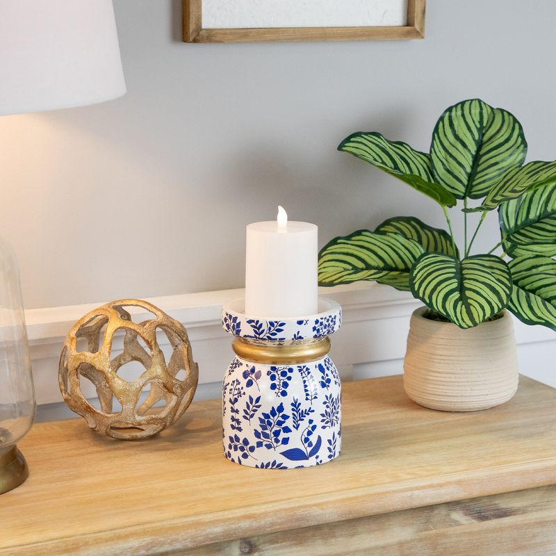 Northlight Floral Wooden Candle Holder - 6" - White and Blue, 2 of 7