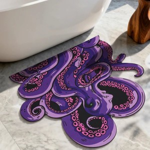 Green and Purple Cthulhu Octopus Bath Mat, Non-Slip Backing Water Absorbent Anime Rug for Gothic Bathroom Decor, Fantasy Game Room Gift - 1 of 4