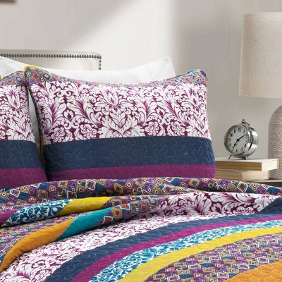 King Size Boho Stripe Reversible Cotton Quilt Set in Purple and Yellow