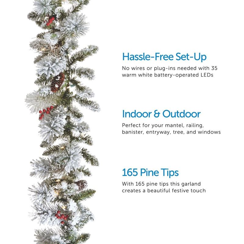 NOMA Snow Dusted Berry Pre Lit 9 Foot Flocked Christmas Holiday Garland with 162 Pine Tips and Battery Operated 35 Warm White LED Bulbs, (2 Pack), 3 of 7