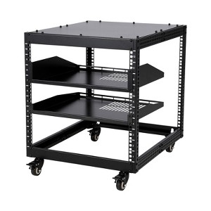 Open Network Rack, Carbon Steel, Height Adjustable 22-40 in, Wall Mount & Free Standing, 2 Trays & Casters, Server Rack Holds IT/AV Equipment. - 1 of 4