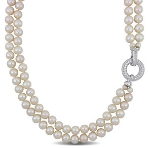 EVERLY JEWELRY | Sterling Silver 7-8mm Cultured Freshwater Pearl 2-Strand Necklace and Cubic Zirconia, 16 inc & 17 inc - 1 of 4