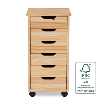Natural Wood 6-Drawer Rolling Storage Cart