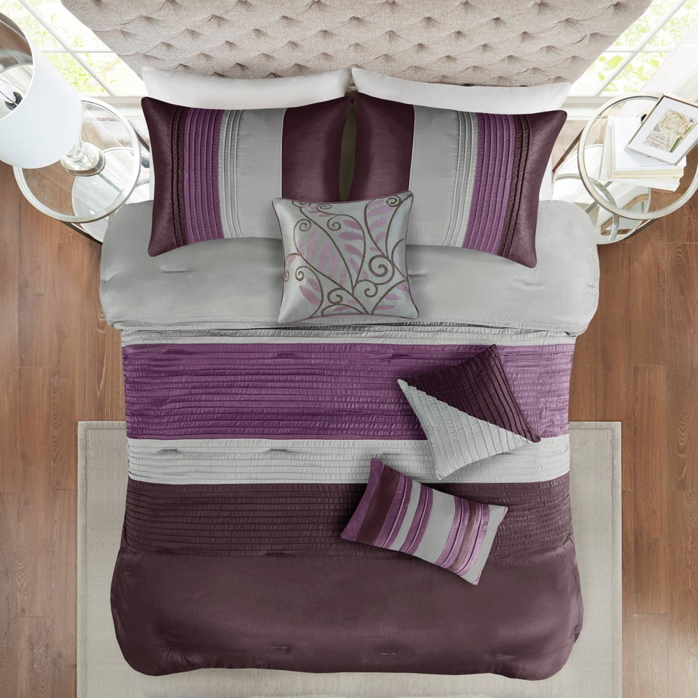 UPC 675716320300 product image for Madison Park 7pc King Salem Comforter Set Purple: Satin Stripe, Faux Silk, Machi | upcitemdb.com