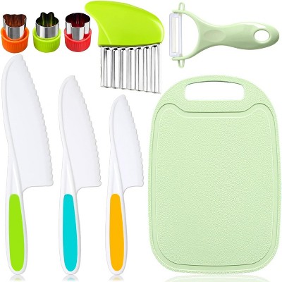 BRINJOY 9-Piece Kids Kitchen Knife Set - Child-Safe Cooking Tools with Cutting Board, Y-Peeler, Wavy Cutter & Serrated Plastic Blades for Toddlers