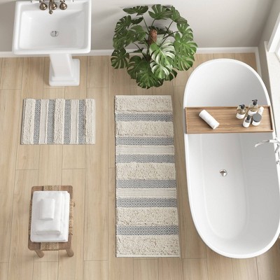 Asher Natural and Gray Cotton Blend Striped Bath Rug