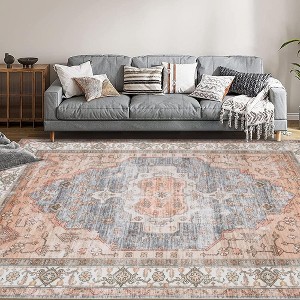 Area Rug-Washable Vintage Boho Rugs Non Slip-Distressed Printed Low Pile Indoor Carpet,Brown - 1 of 4