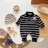 MyKids-Usa Baby Cartoon Bear Print & Striped Pattern Polo Neck Long Sleeve Romper - 4 of 4