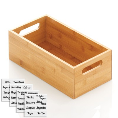 mDesign Bamboo Home Office Supplies Organizer Box, Handles, 32 Labels - Natural