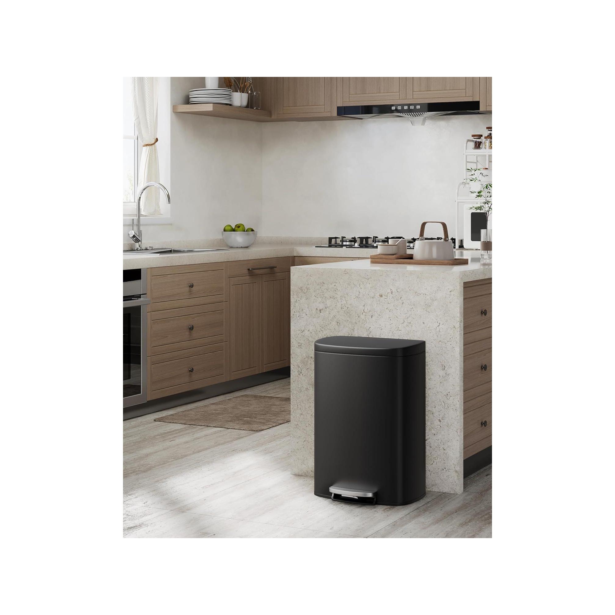 Acekool 13 Gallon / 50L Stainless Steel Kitchen Trash Can with Soft-Close Lid, Step-On Pedal, Inner Bucket & Rear Handle, Slim Profile in Black