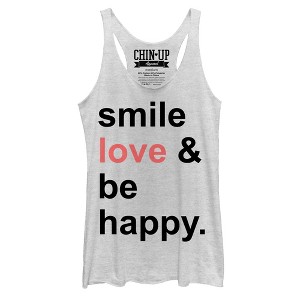 Women's CHIN UP Smile Love Be Happy Racerback Tank Top - 1 of 3