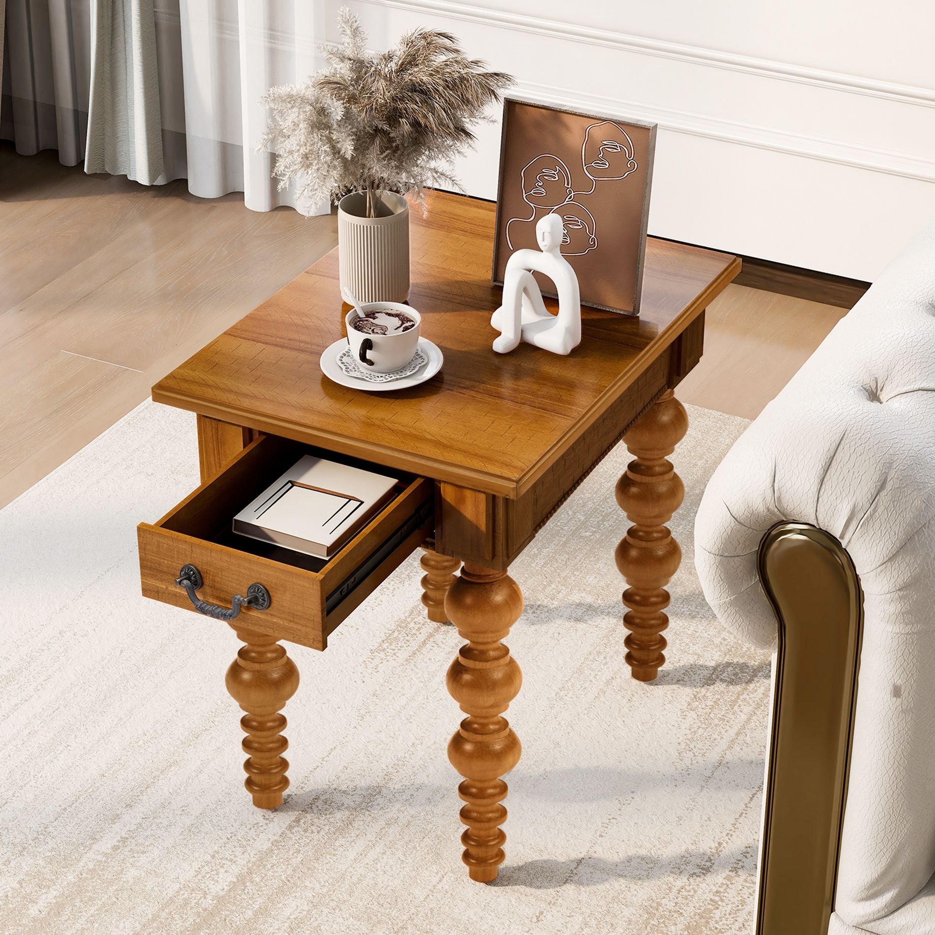 ORRD Solid Wood End Table with Drawer, Vintage Narrow Side Table with Bubble Spindle Legs for Living Room, Sofa, Farmhouse Bedroom,Natural