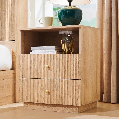 SinCiDo Fluted Nightstand w/Charging Station, 21.65" Modern Bedside Table w/2 Storage Drawers & Open Shelf, Wood End Table for Bedroom