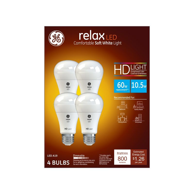 GE 4pk 10W 60W Equivalent Relax LED HD Light Bulbs Soft White, 1 of 8