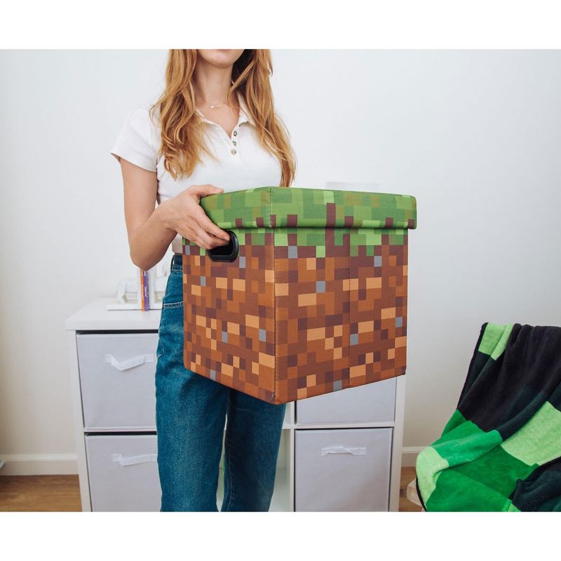 Ukonic Minecraft Grassy Block Fabric Storage Bin Cube Organizer with Lid | 13 Inches, 4 of 8