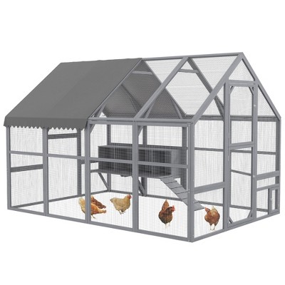 PawHut Large Chicken Run, Wooden Chicken Coop with Waterproof & Anti-UV Cover, Split Door, Nesting Boxes, Roosting Bar