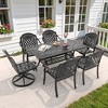 6-Person Cast Aluminum Patio Dining Set with Rectangle Table, 2 swivel chairs and 4 fixed dining chairs, Red Cushions and Umbrella Hole - 3 of 4