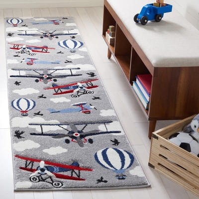 Light Grey and Red Aviation Pattern Synthetic Runner Rug for Kids