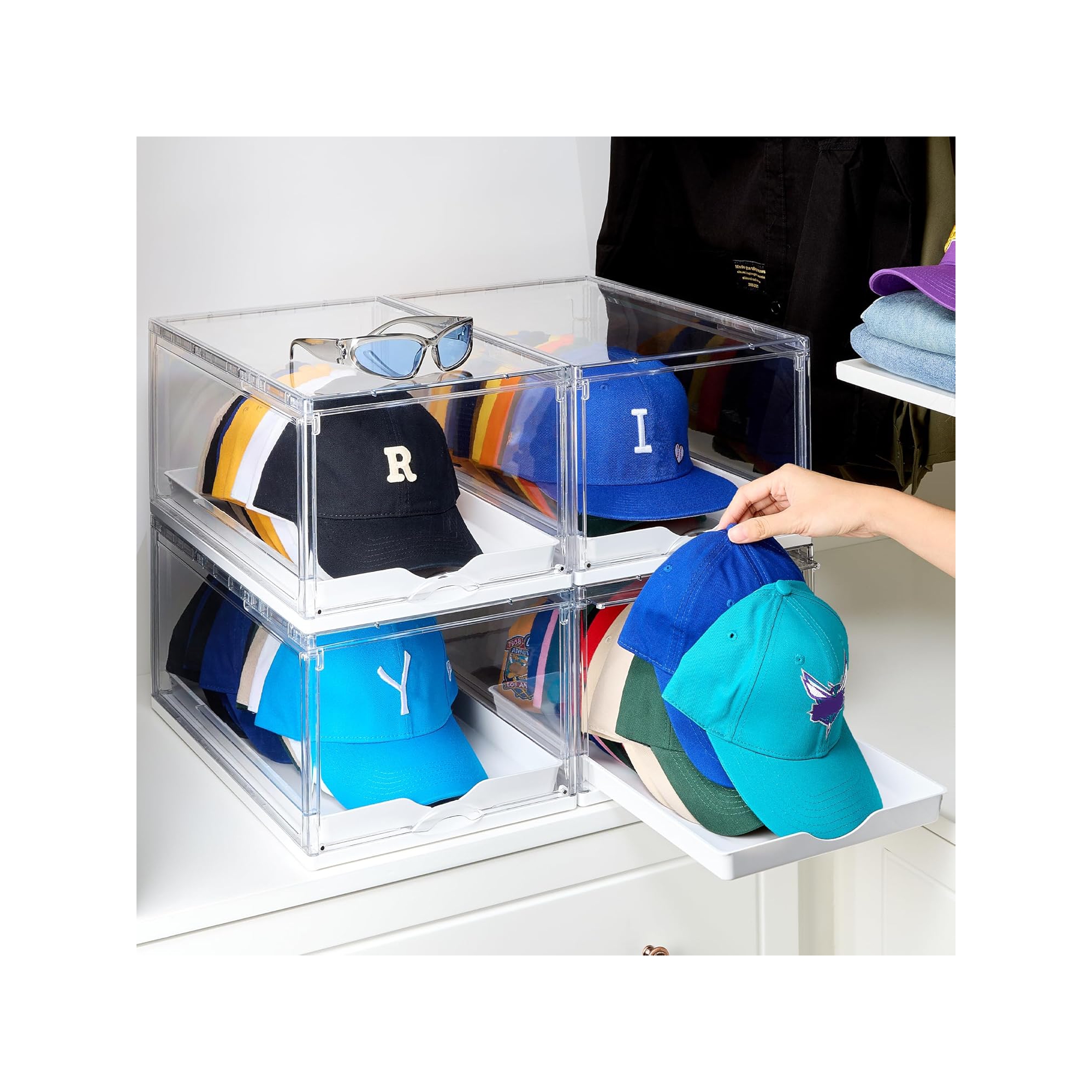 Vtopmart 4 Pack Hat Organizer for Baseball Caps, Clear Hats Holder Box with Drawer and Sliding Tray, Stackable Rack Display Case with Magnetic Door