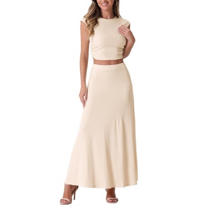 Allegra K Women's Two Piece Ribbed Knit Crew Neck Short Sleeve Cropped Top and Elastic Waist A-Line Midi Skirt Set