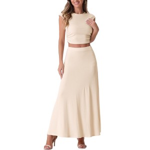 Allegra K Women's Two Piece Ribbed Knit Crew Neck Short Sleeve Cropped Top and Elastic Waist A-Line Midi Skirt Set - 1 of 4