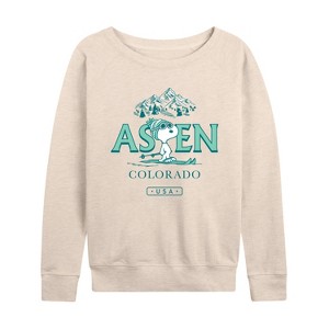 Women's - Peanuts - Snoopy Aspen Colorado USA Lightweight French Terry Wide Neck Long Sleeve Shirt - 1 of 4