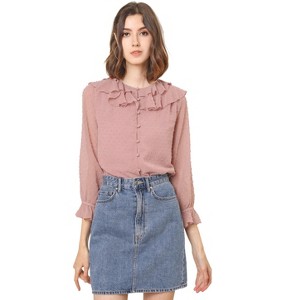 Allegra K Women's Ruffle Neck Polka Dot Button Front Sheer Chiffon Blouse - 1 of 4