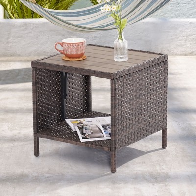 Sonkuki Outdoor Patio Square PE Rattan Side Table Brown