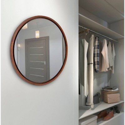 Mid-Century Boho-Chic Round Walnut Wood Wall Mirror, 30"