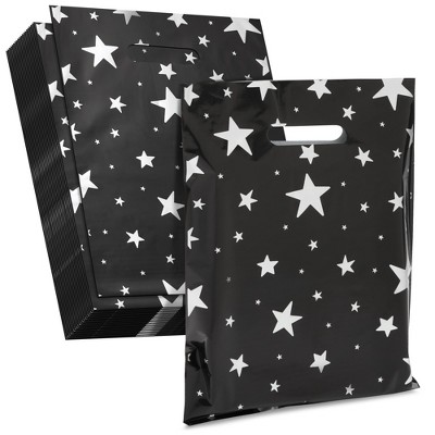 Stockroom Plus 100 Pack Small Merchandise Bags with Handles, Silver Stars Plastic Shopping Bags for Boutique Retail Business, Black 9x12 in