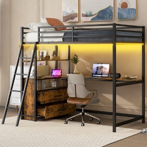 TiramisuBest Twin Size Metal&Wood Loft Bed with Desk and Shelves, Two Built-in Drawers, LED Light and USB Charging Station - 1 of 4