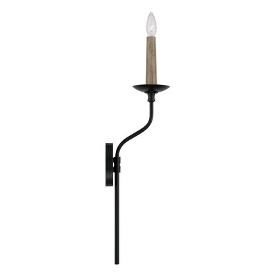 Matte Black Steel Candle Wall Sconce with Faux Wood Sleeve