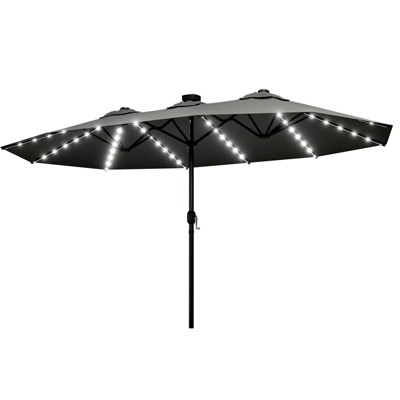 Maggift  15ft Large Patio Umbrella with Solar Lights, Twin Umbrella Outdoor Patio, Double-Sided Rectangle Market Umbrella for Garden, Gray 181.1"