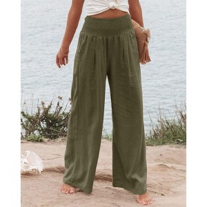 Women Summer High Waisted Cotton Linen Palazzo Pants Wide Leg Long Lounge Pant Trousers with Pocket - 1 of 3